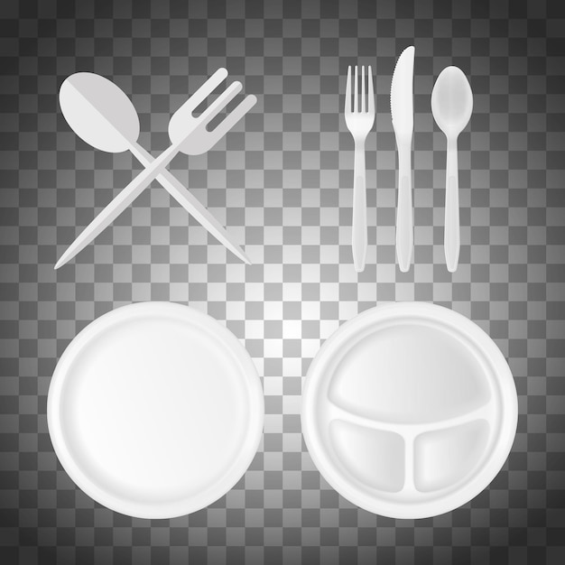 Vector free vector realistic disposable plastic plates and cutlery