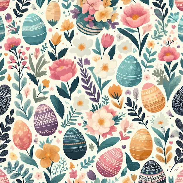 Vector free vector seamless pattern with spring flowers and easter eggs