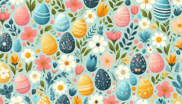 Vector free vector seamless pattern with spring flowers and easter eggs