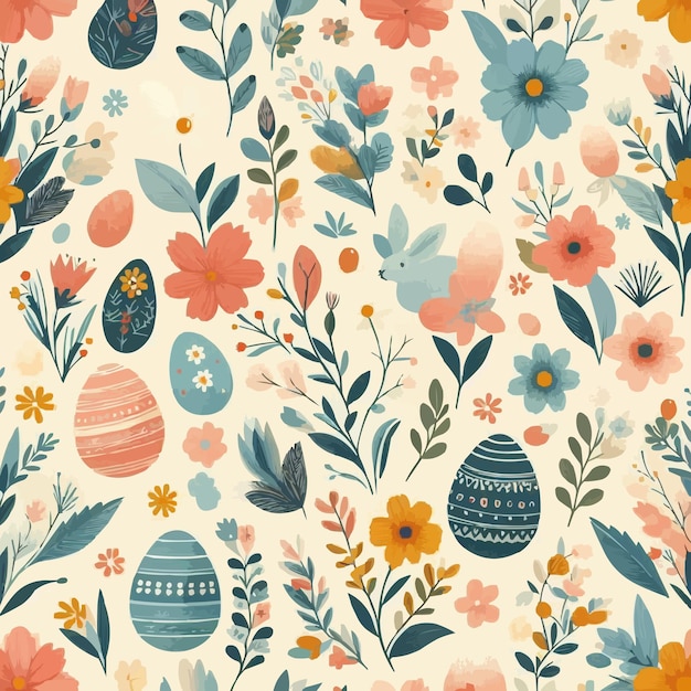 Vector free vector seamless pattern with spring flowers and easter eggs