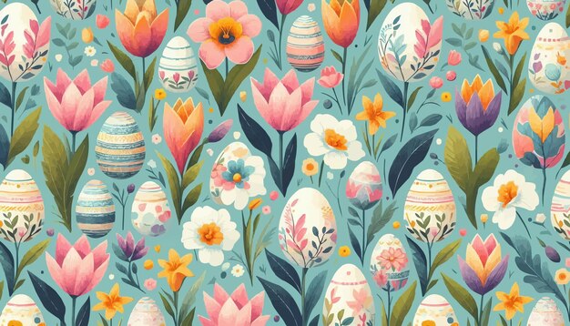 Vector free vector seamless pattern with spring flowers and easter eggs