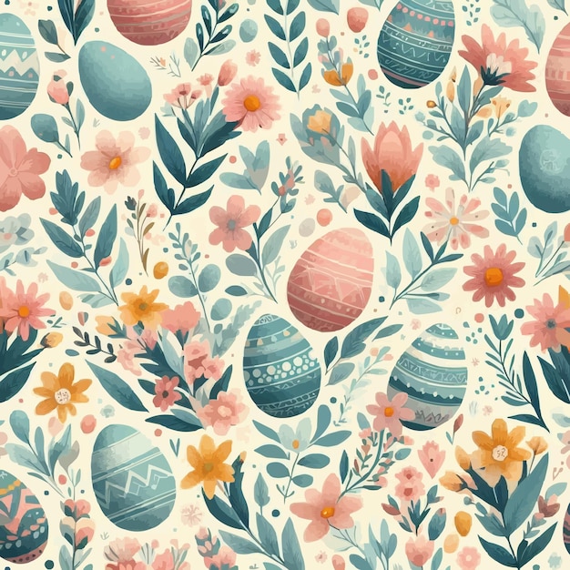 Vector free vector seamless pattern with spring flowers and easter eggs