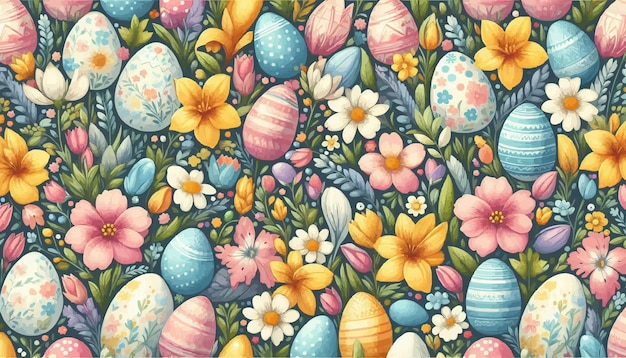 Vector free vector seamless pattern with spring flowers and easter eggs