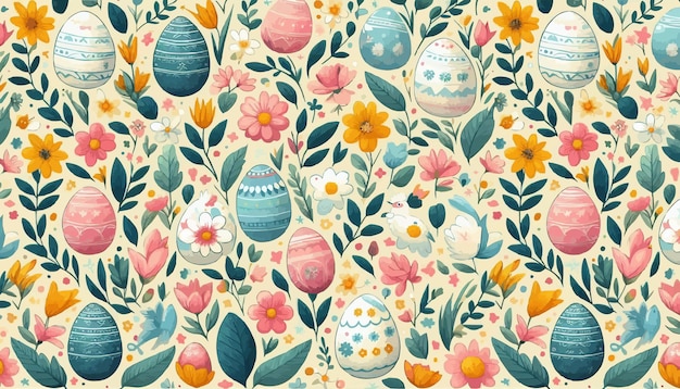 Free vector Seamless pattern with spring flowers and easter eggs