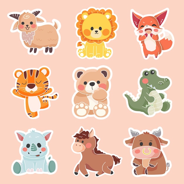 Free vector set of animal character with goat lion fox tiger bear crocodile buffalo horse and cow