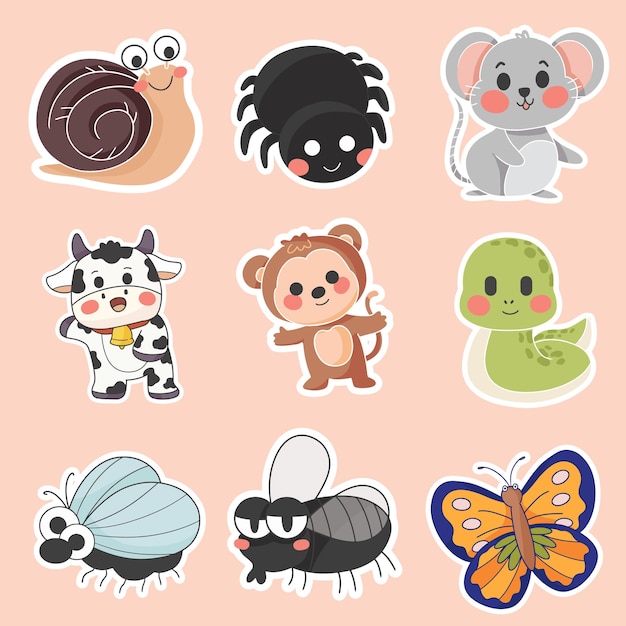 Free vector set of animal character with snail spider cow monkey snake butterfly fly mosquito