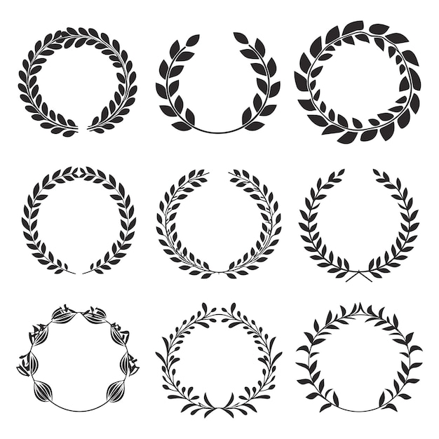 Free vector set of black and white silhouette circular laurel foliate and wheat wreaths depicting an