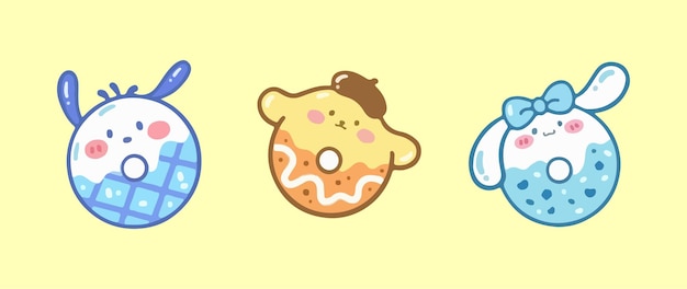 Free vector set hand drawn kawaii cute donuts illustrations