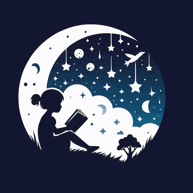 Vector free vector shadow children read book dreams on moon logo designs