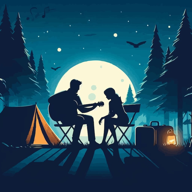 Free vector shadow Man is playing guitar and shadow woman is listening at their camping trip