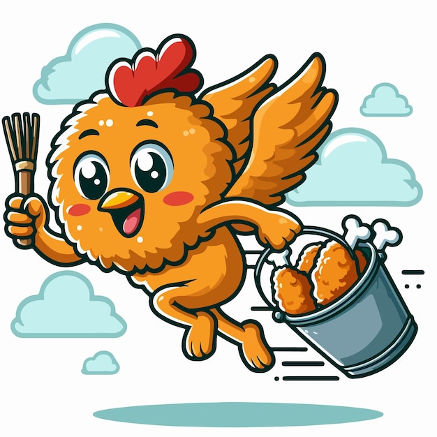 Free vector Soaring Fried Chicken with Bucket Fun Cartoon Illustration vector icon illustration