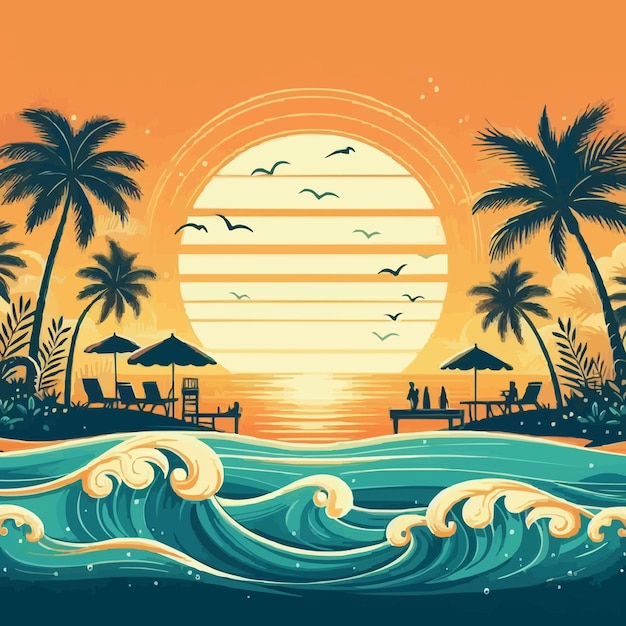 free vector Summer background with sunset and palm trees