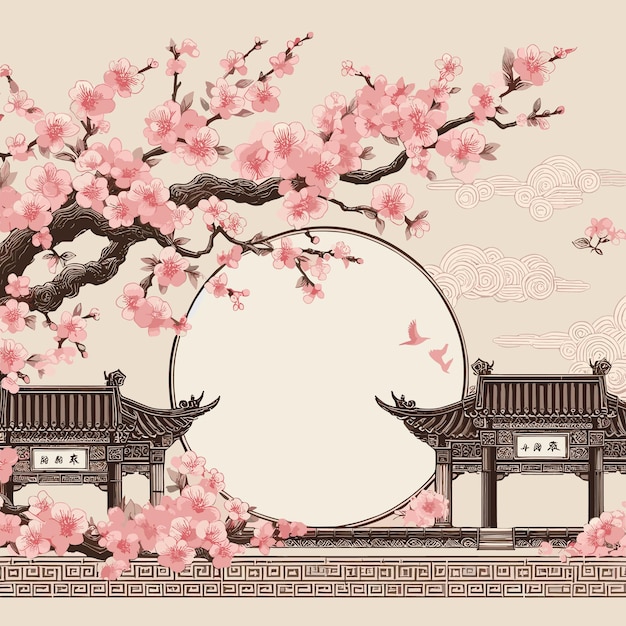 Free vector traditional chinese background with sakura tree and lantern decoration