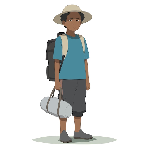 Free vector traveling a boy wearing hat and holding backpack