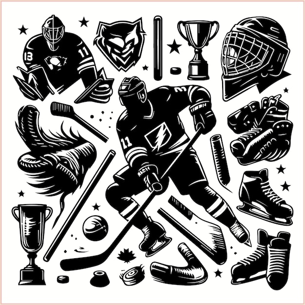 Vector free vector vintage hockey elements set on a white background