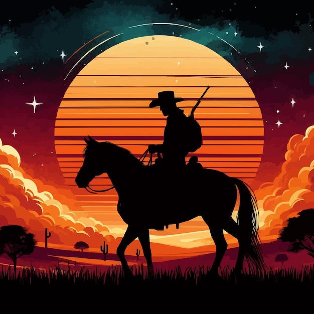 Vector free vector west sunset silhouette landscape with cowboy on horse