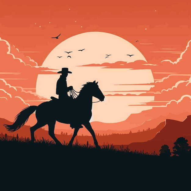 Vector free vector west sunset silhouette landscape with a cowboy on horse