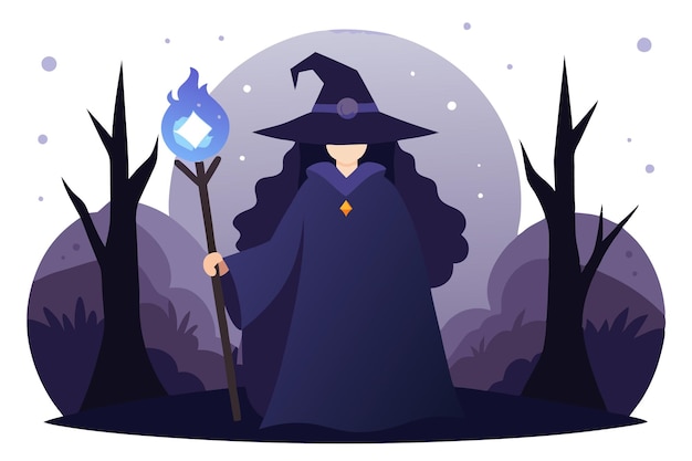 Vector free vector witch cartoon illustration of a with a purple background with purple moon and trees