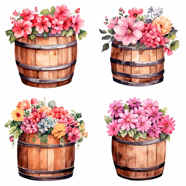 free vector wooden bucket full of flower