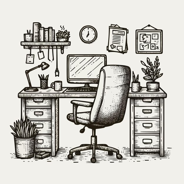 Free Vector Work desk hand drawn outline doodle icon office desk with chair vector sketch illustrat