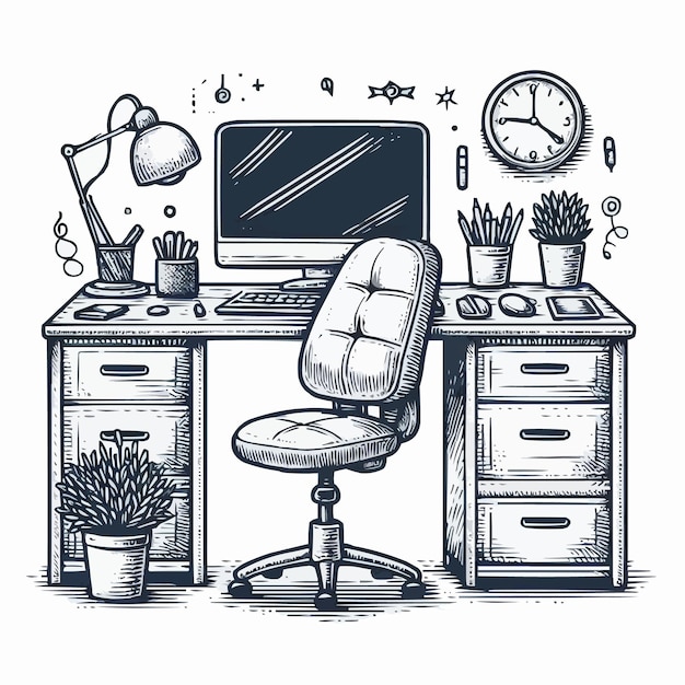 Free Vector Work desk hand drawn outline doodle icon office desk with chair vector sketch illustrat