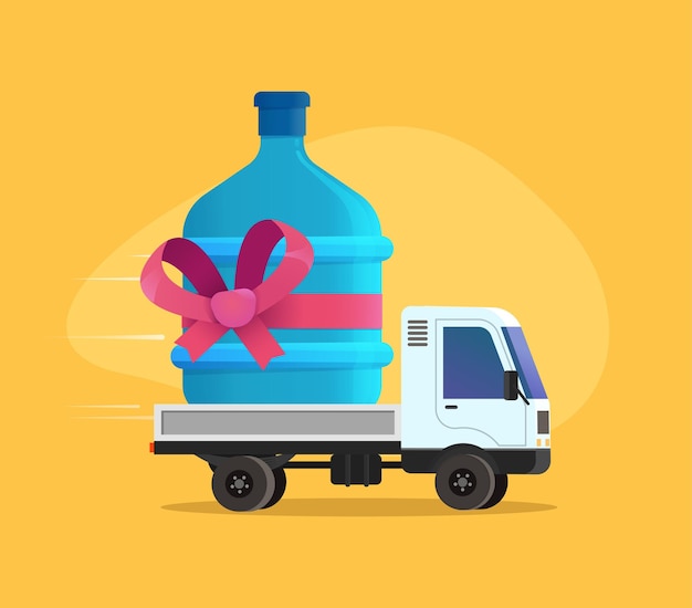 Free Water delivery  illustration. Discount special offer deliver drinking water cartoon truck.