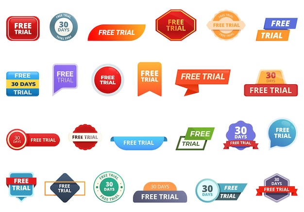 Free with trial icons set cartoon vector Demo test