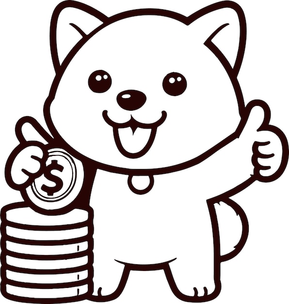 FreeCartoon Shiba Inu Icon with Gold Coin and Thumbs Up icon in colouring page