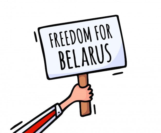 Vector freedom for belarus on the poster. protests in belarus after the  presidential elections. a raised poster in protest