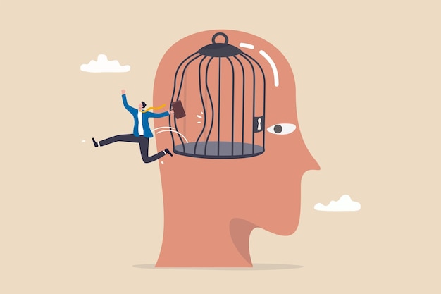 Freedom break free from prison of thinking inspiration or think out of the box psychology or mental therapy emotional concept confidence businessman jump out of cage in his head for freedom