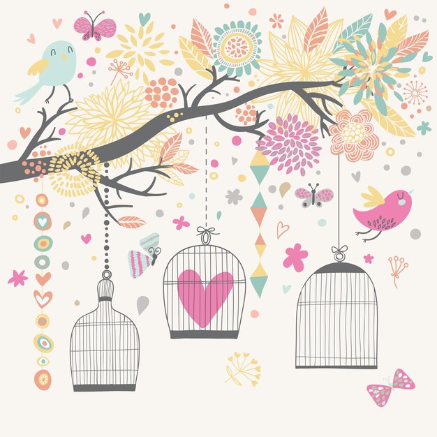 Vector freedom concept card birds out of cages romantic floral background in bright colors