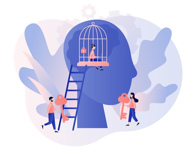 Freedom concept Tiny woman in cage mind Psychological prison Somfort zone metaphor Inner prison