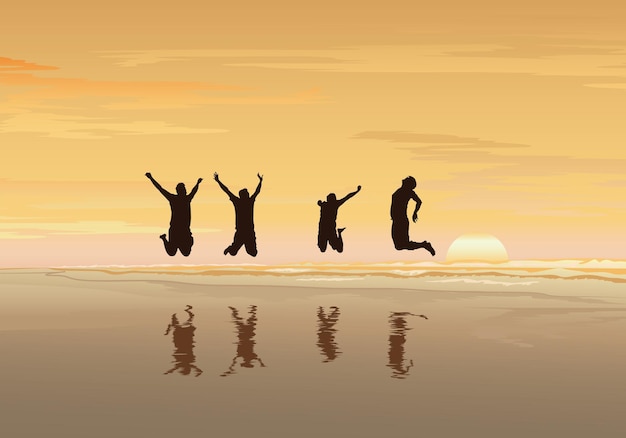 Vector freedom and independence concept background silhouette of happy people jumping on sea beach