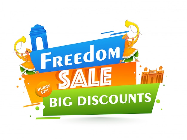 Freedom Sale Poster  With Big Discount Offer, India Famous Monuments And Men Blowing Tutari Horn On White Background.