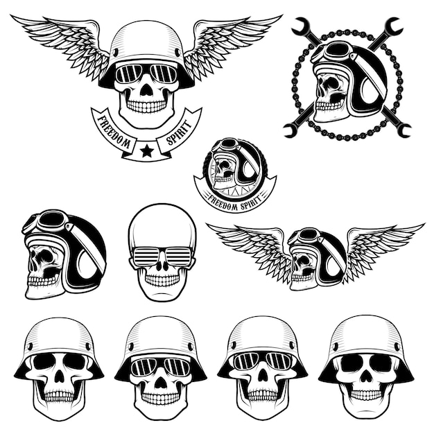 Freedom spirit Set of skulls in biker helmets