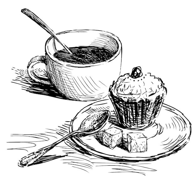 Freehand drawing of coffee cup with teaspoon and cupcake on saucer