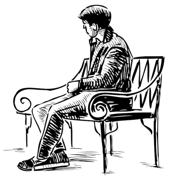 Freehand drawing of young man sitting on park bench alone