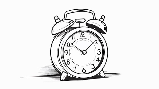 Vector freehand drawn black and white cartoon alarm clock