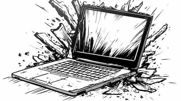 Vector freehand drawn black and white cartoon broken computer