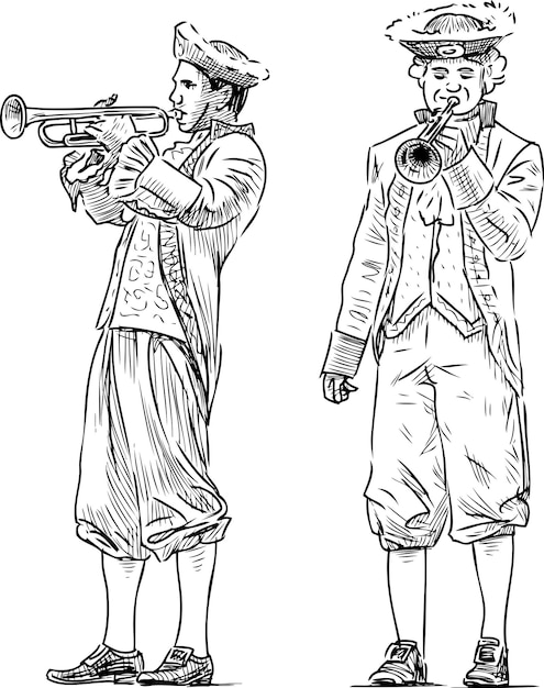 Freehand image of musicians in carnival costumes playing trumpets