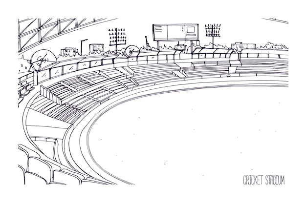 Vector freehand sketch of cricket stadium with rows of seats, electronic scoreboard and grassy field or lawn. sports arena for british team bat-and-ball game.