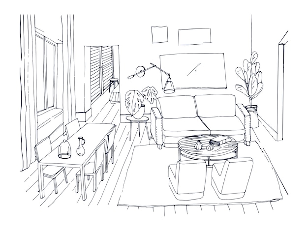 Freehand sketch of living room with window, comfortable couch, dinner table, chairs and other furnishings hand drawn with lines. Drawing of modern house furnished in cozy style. illustration.