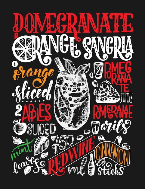 Freehand sketch style drawing of pomegranate orange sangria, cocktail glass, various fruits and hand written lettering.