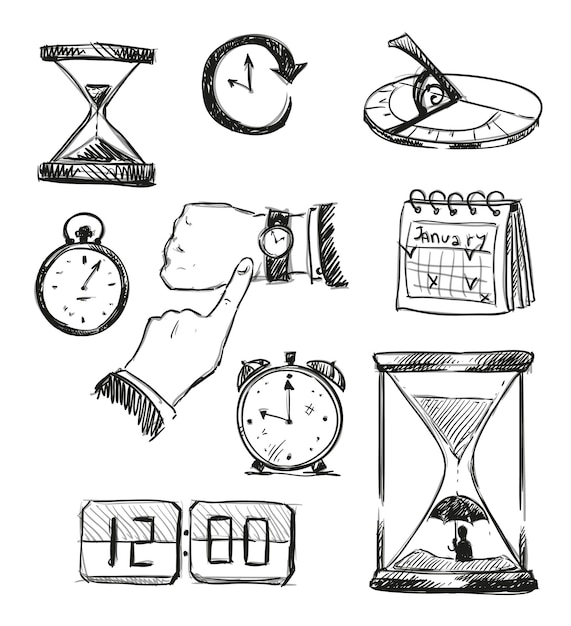 Vector freehand sketch of time symbols. time icons. vector illustration.