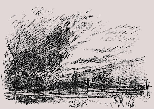 Freehand textured drawing of abstract countryside landscape with silhouettes trees and haystack