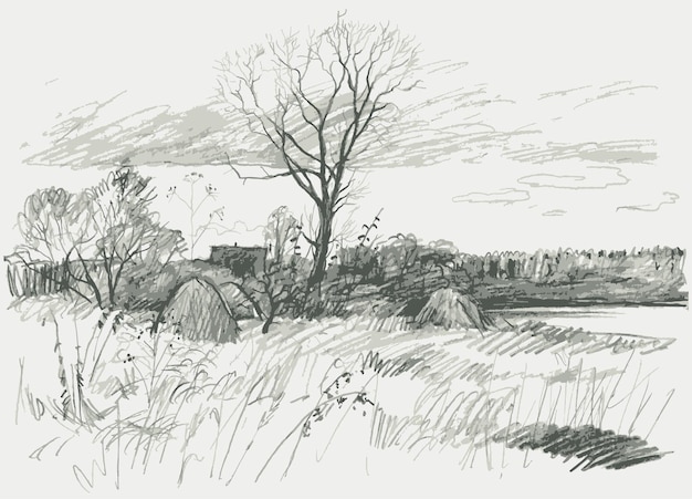 Vector freehand textured pencil drawing of countryside landscape with silhouettes trees and haystacks