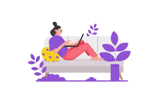 Freelance business concept in flat design Woman freelancer working on laptop while lying on couch Online work and remote employment Vector illustration with isolated people scene for web banner