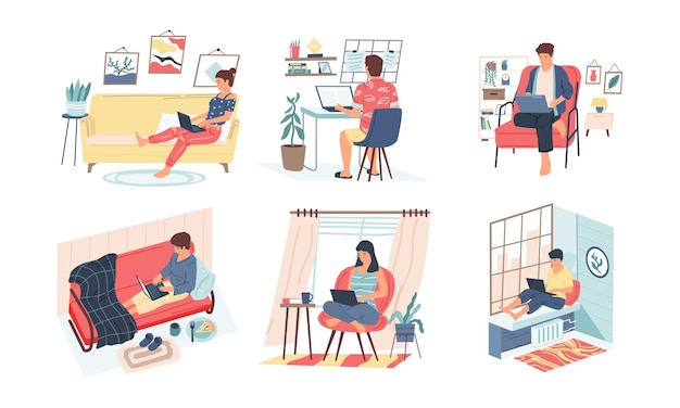 Freelance Cartoon young people in casual clothes remotely working from home Quarantine isolation Men and women sitting with laptops Room interior with sofa and workplace vector set