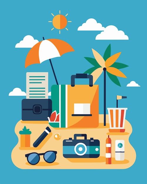 Vector a freelance copywriter gathered supplies and materials for a photoshoot utilizing the beach and