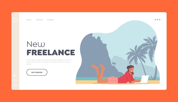 Vector freelance landing page template young businesswoman freelancer character lying on beach with laptop enjoying life